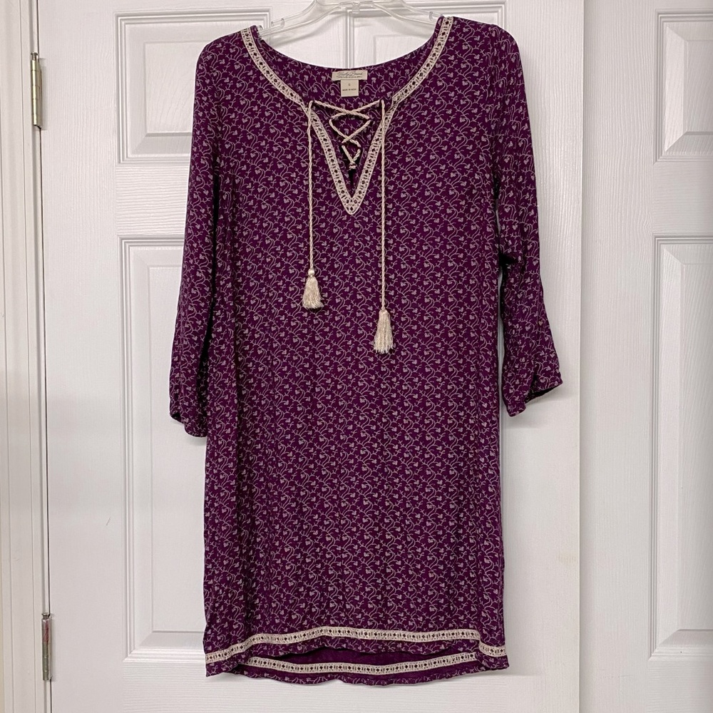 Lucky Brand Purple Print Loose Flowy BoHo Lace Front Dress with Tassels Sz S